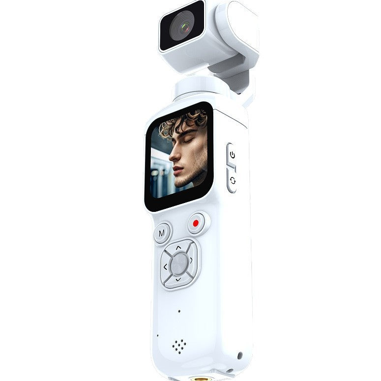 Portable 4K vlog camera shown with included accessories
