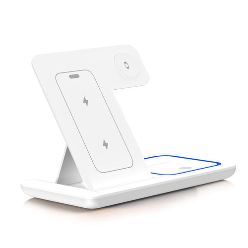 Clean white foldable 3-in-1 wireless charger for phone, watch and earbuds