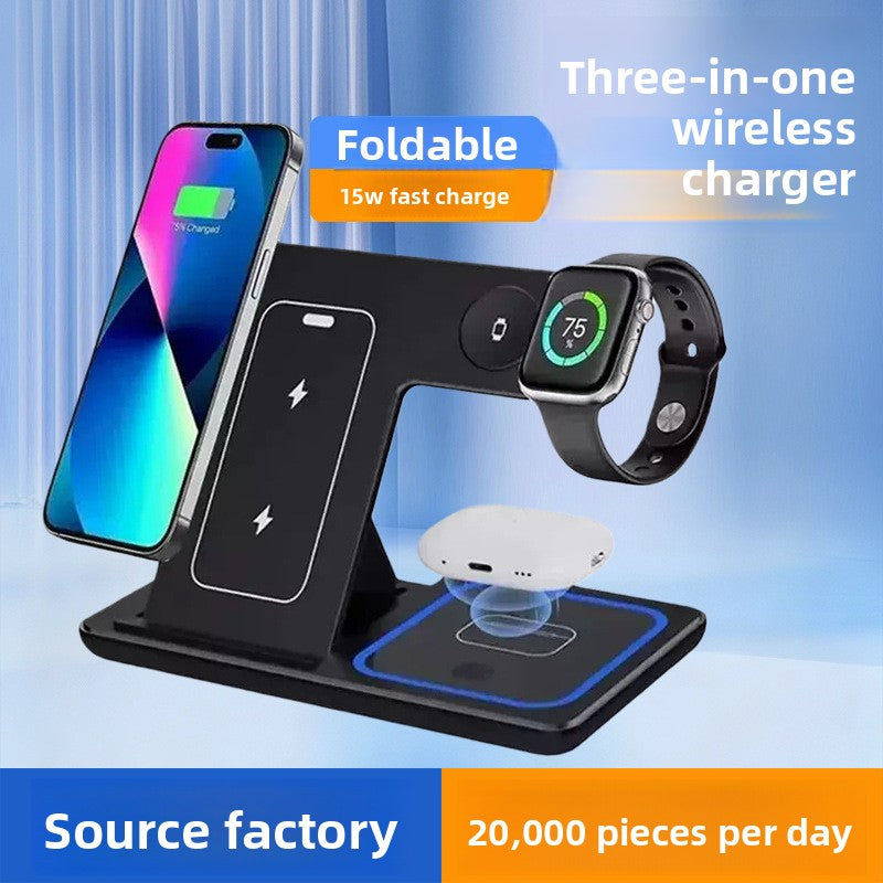 15W Foldable 3-in-1 Wireless Charger - Front view with all devices charging