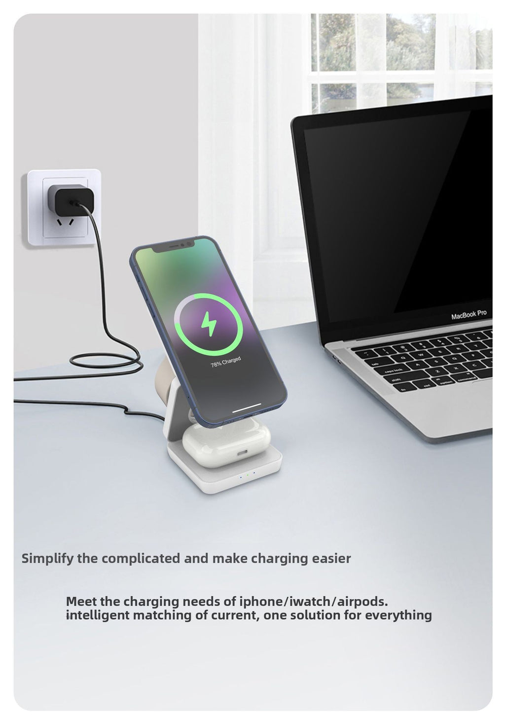Magnetic Foldable 3-in-1 Wireless Charger - White desk lifestyle