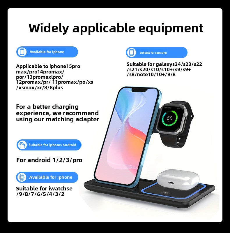 15W Foldable 3-in-1 Wireless Charger - Multi-angle adjustable stand