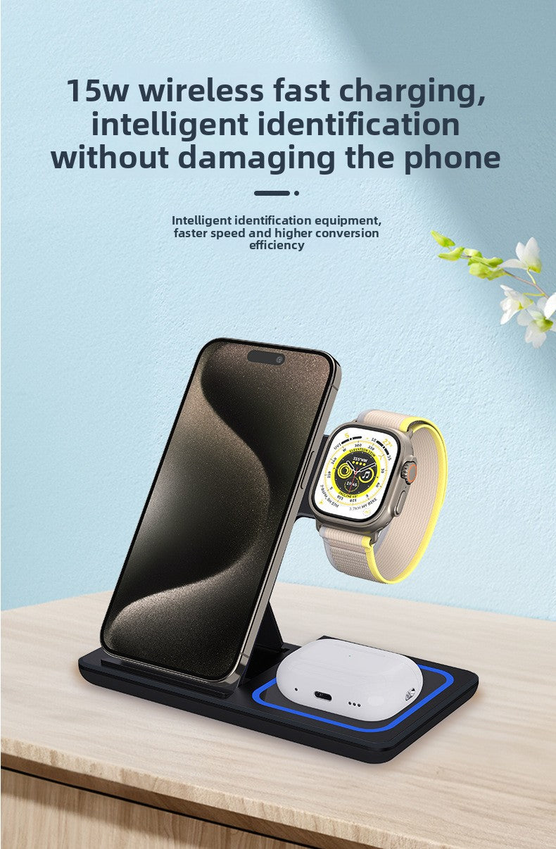 15W Foldable 3-in-1 Wireless Charger - Foldable travel mode front view