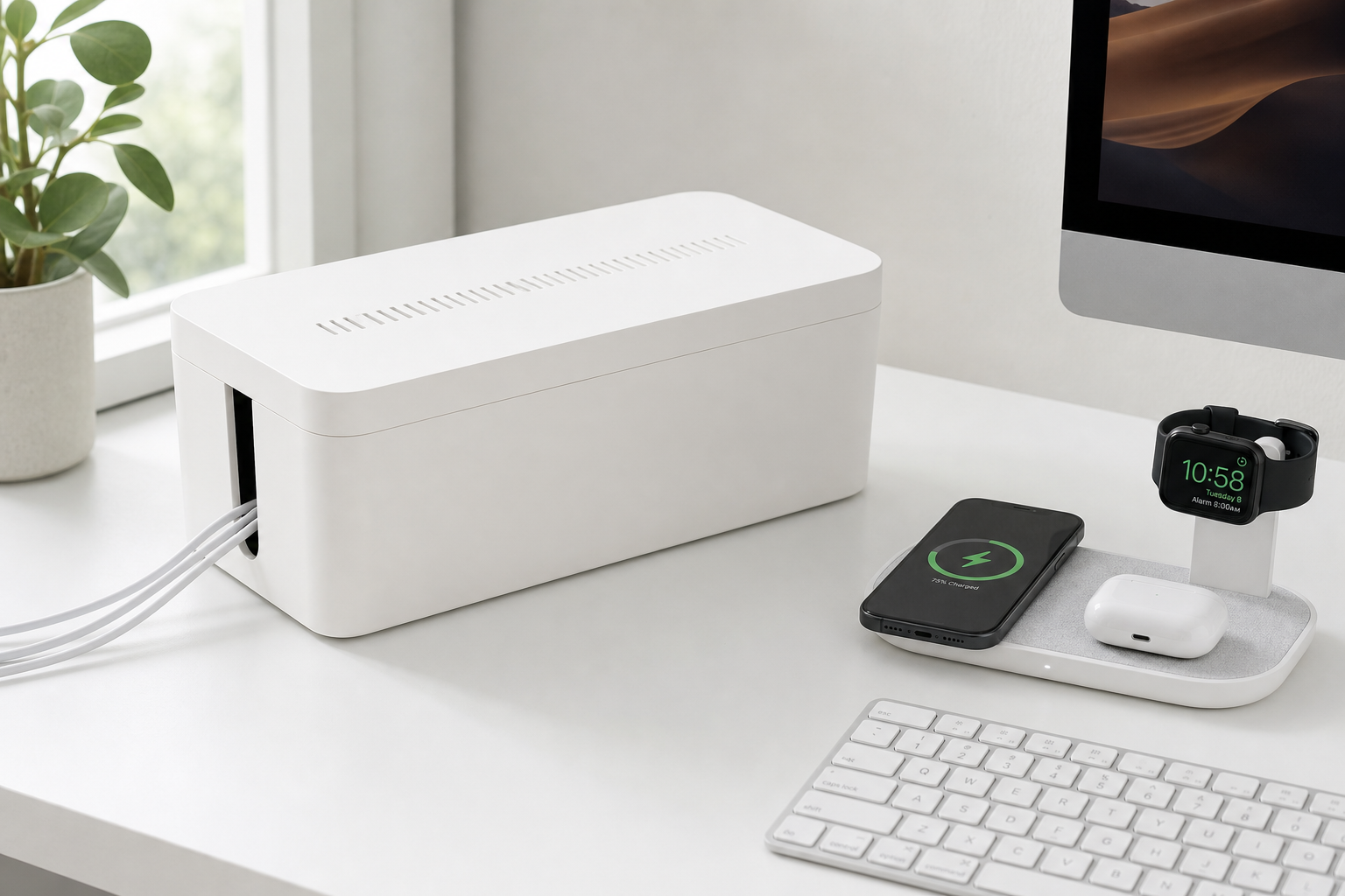 Desktop Cable Management Box - White minimalist cord organizer